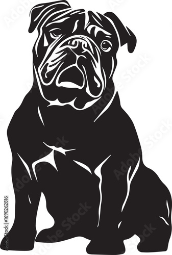 Stylized bulldog silhouette, black and white design, sitting pose, vector art.