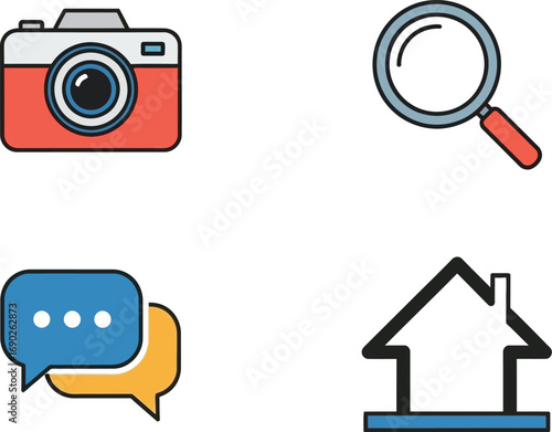Set of four modern flat design icons camera search chat and home for user interface elements vector
