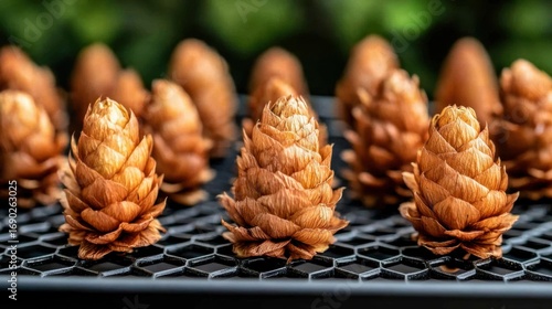 Close-Up of Drying Hop Cones on Mesh Tray Showing Texture and Detail for Stock Photography Use