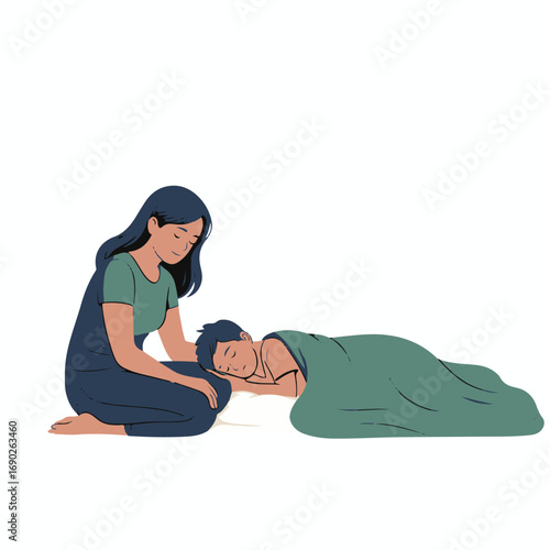 a boy is sleeping in his mother lap