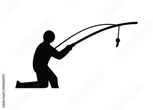 Silhouette of a person fishing kneeling with a rod and reel hooked on a line