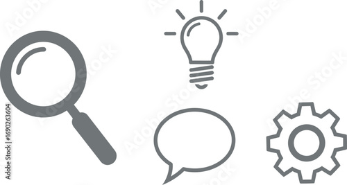 Conceptual icons magnifying glass lightbulb speech bubble gear for business and ideas vector