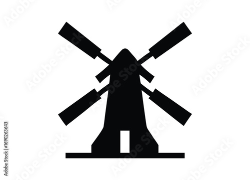 Silhouette of a traditional dutch windmill with four sails in black on a