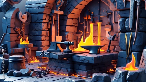 medieval blacksmith forge set in a 3D fantasy environment with intricate details