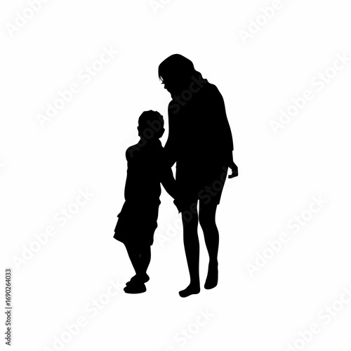 Silhouette of a boy consoling his crying mother isolated on white background