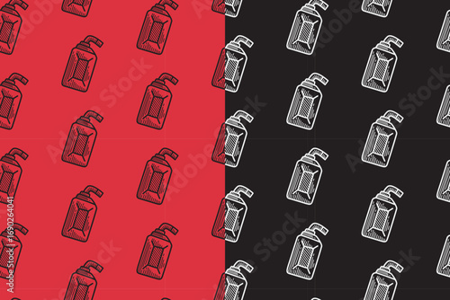 Lubricant bottle engraving seamless pattern on black red background. Oil container line art doodle pattern background. Oil can hand drawn motif wallpaper. Workshop, garage packaging and merchandise