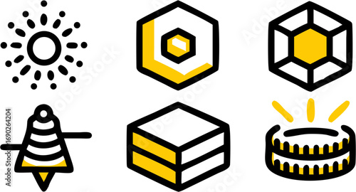 A collection of six unique yellow and black outline icons including a sun a gem a spinning top a hexagon a cube and a glowing coin representing concepts