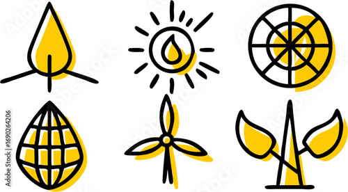 Clean energy icons representing renewable resources like solar wind water and plants for a sustainable future and environmental protection