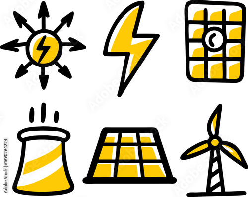 A collection of simple hand drawn doodle icons representing renewable energy sources and power generation methods like solar wind and nuclear technology