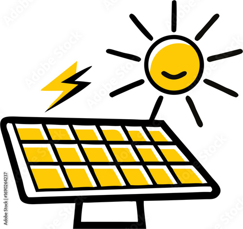 A bright sunny day powers a solar panel with a lightning bolt representing clean renewable energy production for a sustainable future