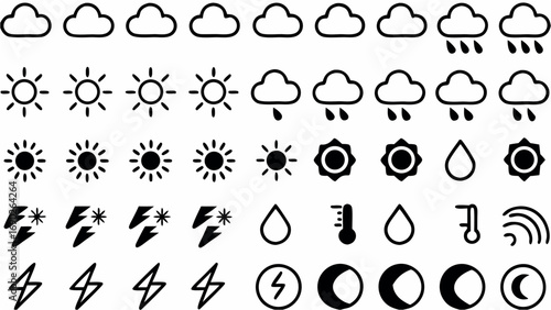 Collection of weather forecast icons showing sun clouds rain thunder lightning temperature and moon phases for meteorology