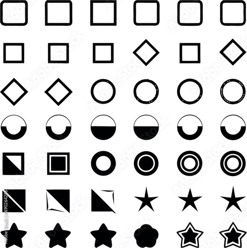 Collection of simple geometric shapes including squares circles diamonds stars and cloud symbols in outline and filled styles