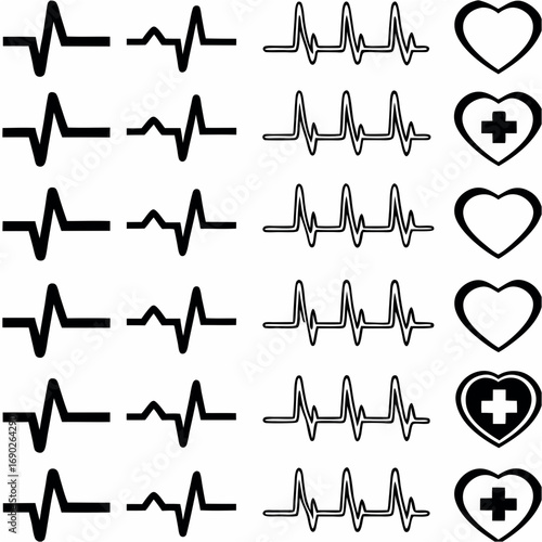 Collection of electrocardiogram ecg heart pulse wave and medical cardiology symbol icons for health and wellness concepts