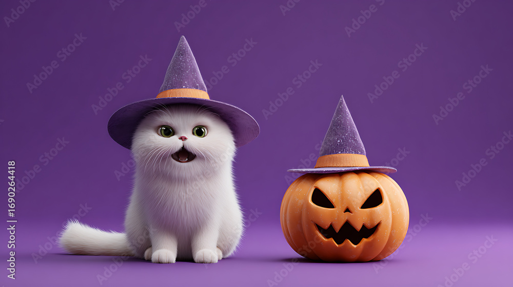 Obraz premium A playful white cat wearing a witch hat sits beside a carved pumpkin against a purple backdrop