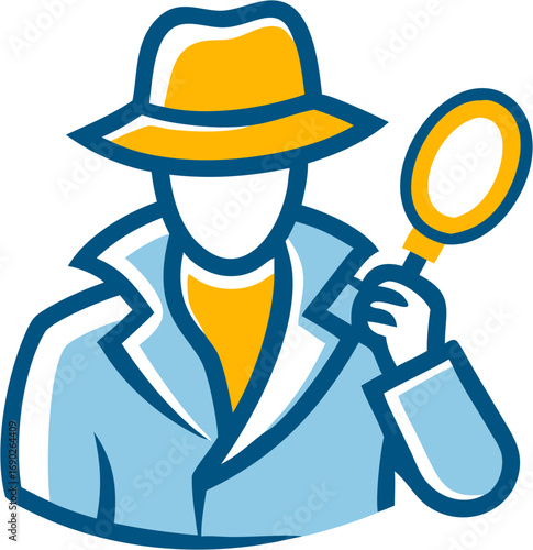 A stylized illustration of a detective character wearing a trench coat and hat holding a magnifying glass in a classic investigation pose