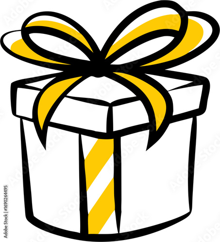 A festive white gift box tied with a bright yellow ribbon and bow perfect for celebrations and special occasions