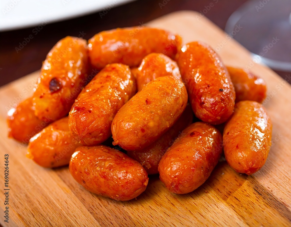 Small, cooked sausages on a board Small, cooked sausages on a board
