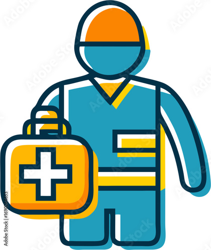 Cartoon medical professional or doctor with a first aid kit and stethoscope ready to provide healthcare services and emergency assistance