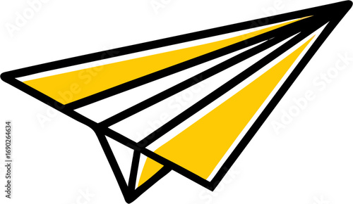 Yellow paper airplane with black outline soaring through the air symbolizing speed launch travel innovation and creative ideas