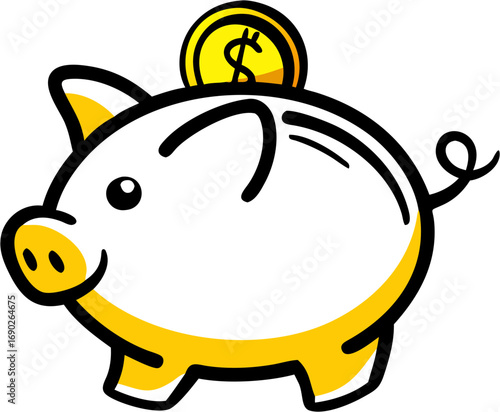 Piggy bank with a gold coin featuring a dollar sign represents saving money and accumulating wealth for future financial security and investment goals
