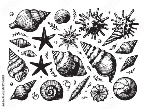 Collection of hand-drawn seashells, starfish, and aquatic elements