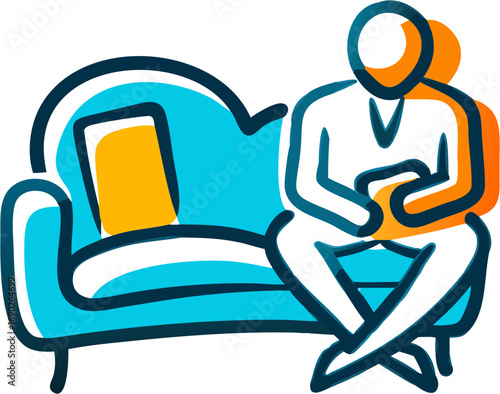 A person sitting on a couch holding a phone in their lap representing mental health therapy or counseling session consultation conversation