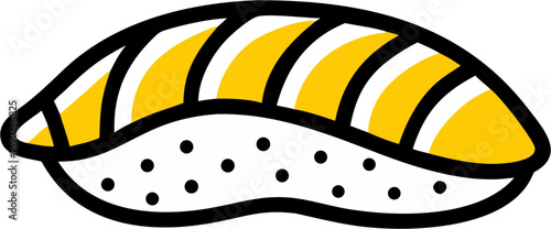 A delicious yellow and white sushi nigiri with black dots representing rice and black outline food art illustration