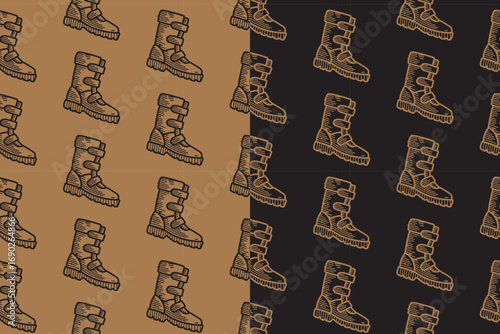 Motocross boots engraving seamless pattern on tan black background for merchandise. Biker boots line art doodle pattern background. Motorbike footwear gear hand drawn motif wallpaper
