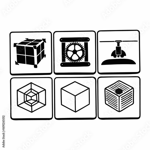 Collection of 3d printing icons, showcasing printers, gears, and cube designs