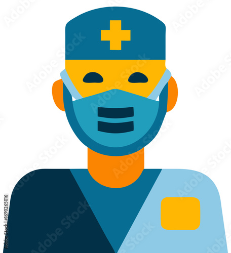 Illustration of a medical professional wearing a surgical mask and cap ready for patient care and healthcare services