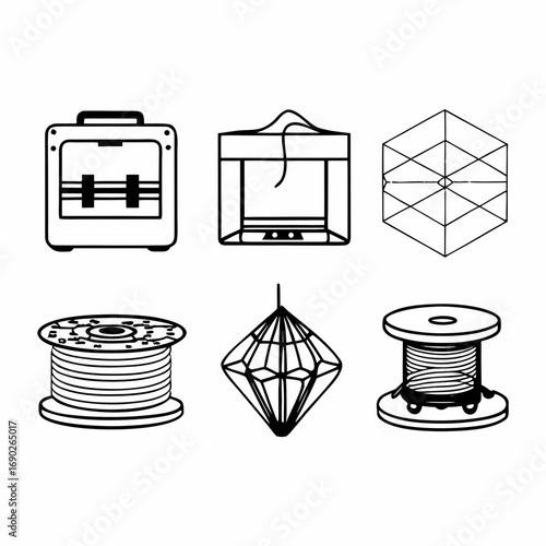 Set of 3d printing icons, featuring printers, spools, and geometric models