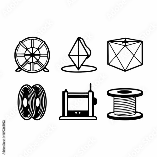Various 3d printing elements, including printers, filament spools, and models