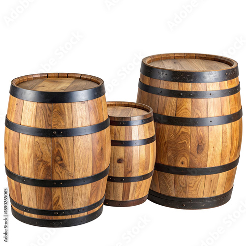 Set of Rustic Wooden Barrels in Different Sizes, isolated on a transparent background