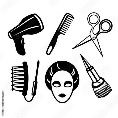 Beauty salon equipment icons hair dryer, comb, scissors, brush and face mask