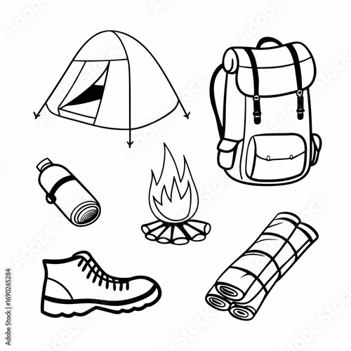 Camping and hiking equipment icons includes tent, backpack, bonfire, boot and blanket