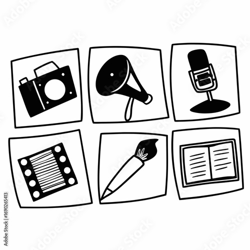 Media creation icons including camera, megaphone, microphone, film, brush and book