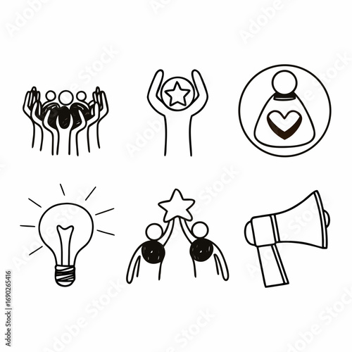 Set of business and social icons representing teamwork, success, love, ideas, and communication