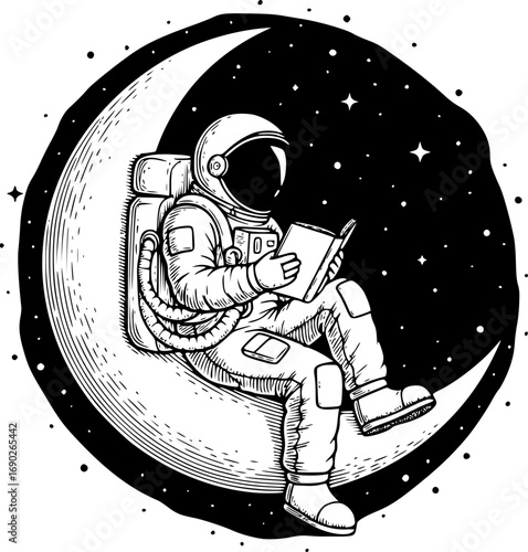 astronaut sitting on a crescent moon and reading book engraving black and white outline