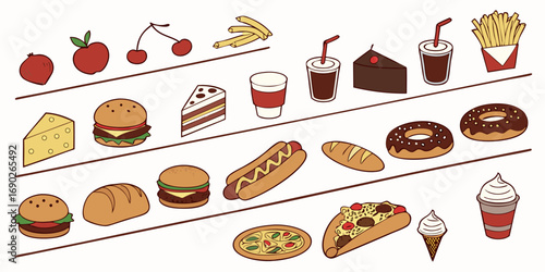 A high-resolution flat-lay image of 80 realistic food and drink items arranged in neat rows on a clean white background. The items include fresh fruits like cherries and apples, dairy products like ch