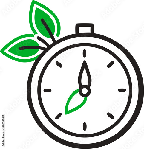 This clock symbol with green leaves represents the passage of time and the growth of nature's cycles and natural growth timelines