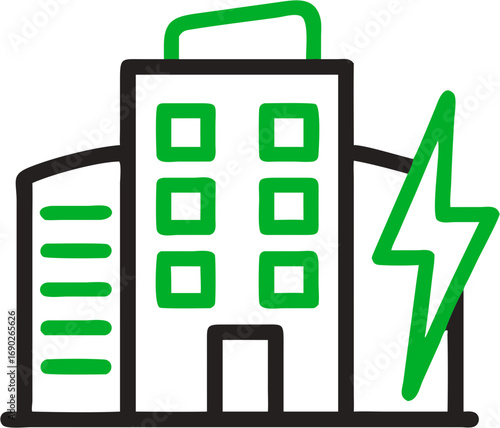 Green energy building symbol representing sustainable architecture and environmental power generation for eco friendly cities and smart homes