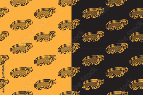 Motocross googles engraving seamless pattern on yellow black background for merchandise. Protective sports goggles line art doodle pattern background. Eyewear safety gear hand drawn motif wallpaper