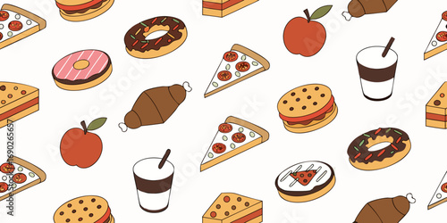 A high-resolution flat-lay image of 80 realistic food and drink items arranged in neat rows on a clean white background. The items include fresh fruits like cherries and apples, dairy products like ch