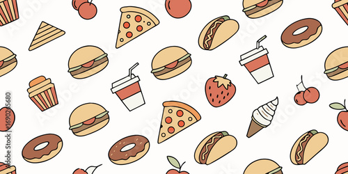 A high-resolution flat-lay image of 80 realistic food and drink items arranged in neat rows on a clean white background. The items include fresh fruits like cherries and apples, dairy products like ch