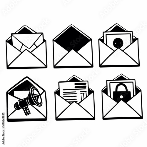 Collection of six open envelopes with different icons hand drawn vector illustration