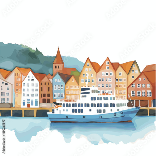 Bryggen Wharf. Bryggen Wharf watercolor vector illustration