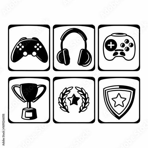 Set of gaming icons representing video games, esports, and virtual reality