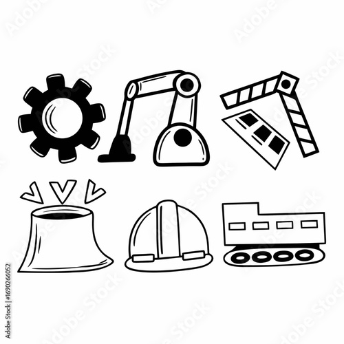 Doodle illustration of industrial elements, including gear, robot, and helmet