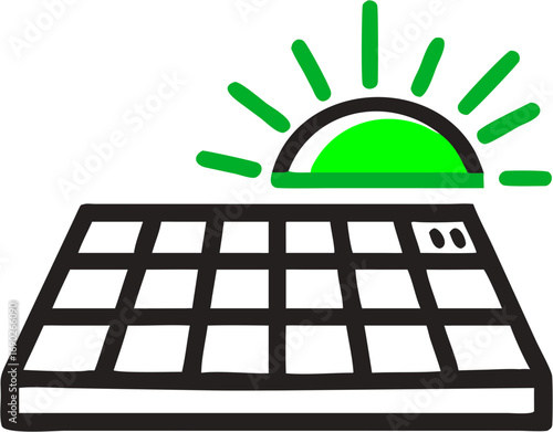 A stylized green sun rises over a solar panel icon representing renewable energy technology and sustainable power generation