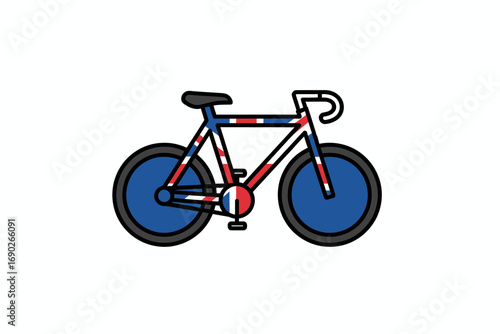 A stylized illustration of a bicycle, featuring red, white, and blue colors, likely representing a flag design.